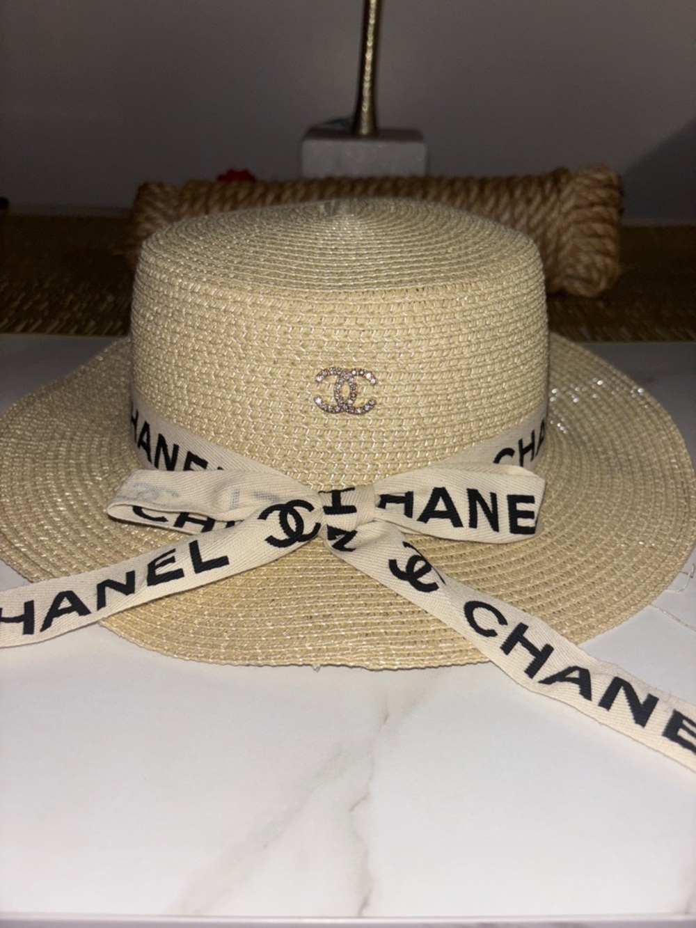 Brand hat  Natural Straw Boater Hat with Logo Ribbon